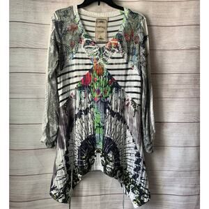 Vintage Concept Tunic Blouse Asymmetrical Bottom Tie Waist Multi-Pattern Size XL